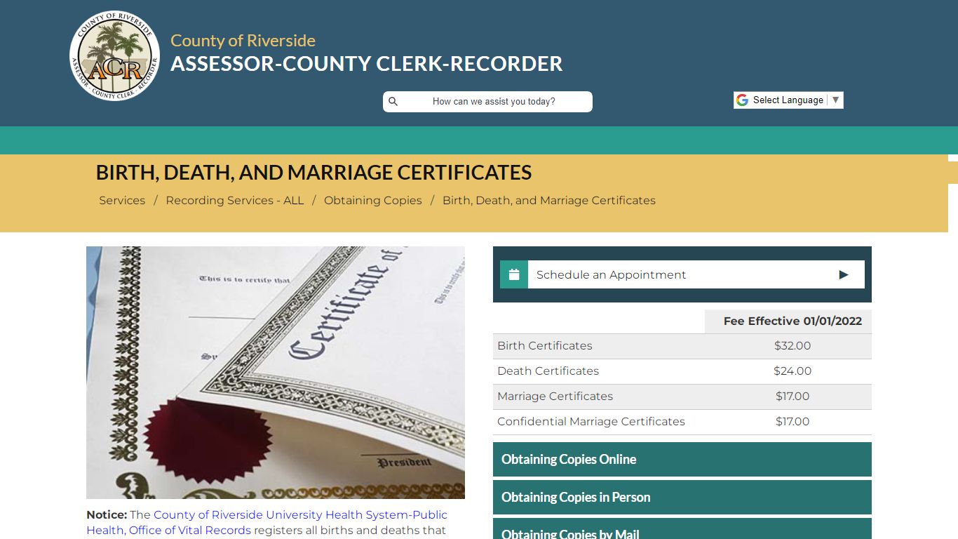 Riverside County Assessor - County Clerk - Recorder - Birth, Death, and ...